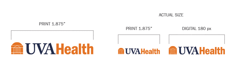 In Print, the logo must be no less than 1.875" wide. For digital use, no less than 180px wide.